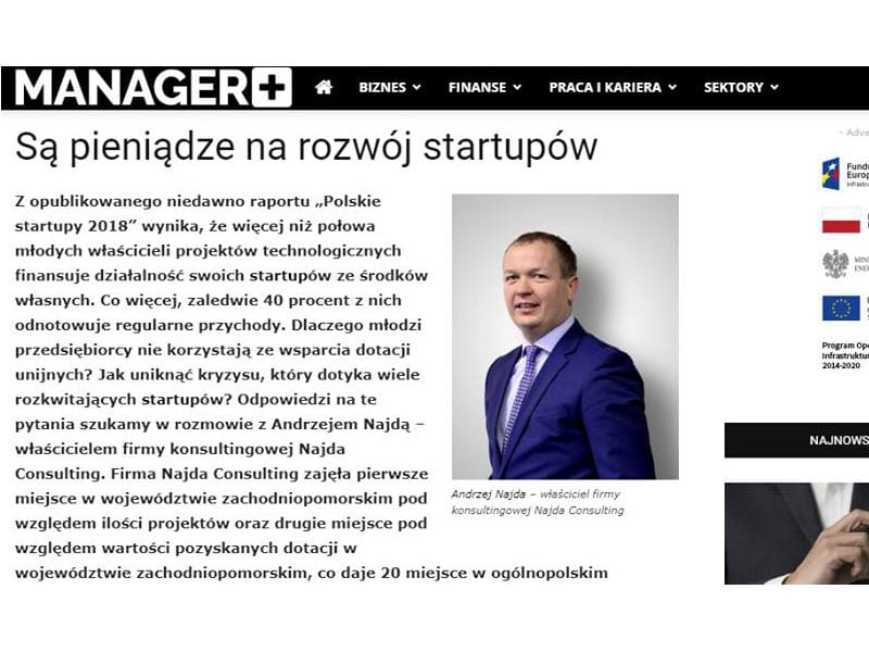 Wywiad z Andrzejem Najdą na temat startupów na portalu Manager+